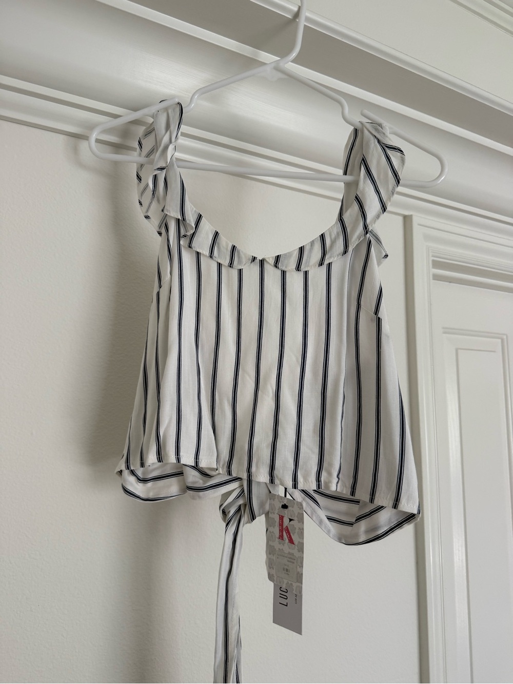 Striped White and Navy Tie-Back Ruffle Crop Top